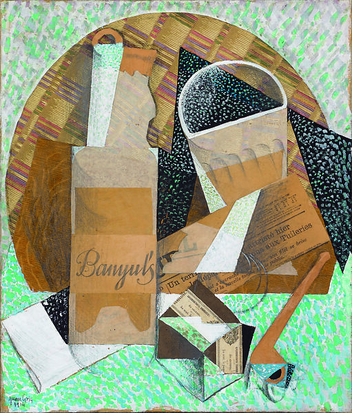 The Bottle of Banyuls, Juan Gris, Cut-and-pasted printed wallpapers, newspaper, wove papers, transparentized paper, printed packaging, oil, crayon, gouache, and graphite on newspaper mounted on canvas