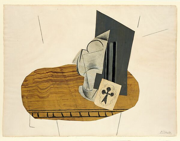 Glass and Ace of Clubs, Pablo Picasso, Cut-and-pasted laid and wove papers, charcoal, graphite, and oil on laid paper