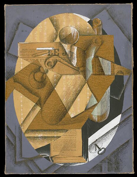 Still Life: The Table, Juan Gris, Cut-and-pasted printed wallpapers, printed wove paper, newspaper, conté crayon, gouache, wax crayon, and laid papers on newspaper mounted on canvas