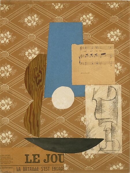 Guitar and Wine Glass, Pablo Picasso, Cut-and-pasted newspaper, printed sheet music, laid and wove papers, oil, and charcoal on printed wallpaper mounted on paperboard