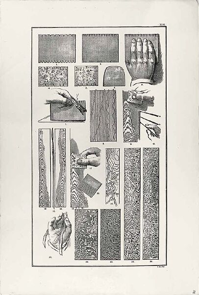 [Wood-graining] Plate XXXI, Handboek voor den schilder: De hout- en marmer-nabootsing, part 1, Pieter van der Burg, Chromolithograph
