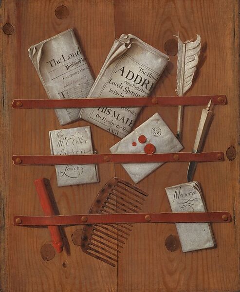 A Trompe l’Oeil of Newspapers, Letters, and Writing Implements on a Wooden Board, Edward Collier, Oil on canvas