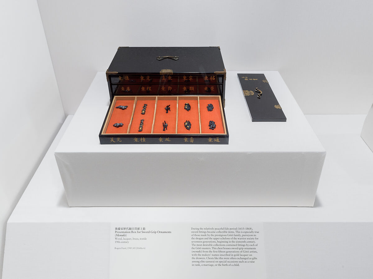 後藤家歴代揃目貫献上箱 Presentation Box for Sword-Grip Ornaments (<i>Menuki</i>), Wood, lacquer, brass, textile, Japanese