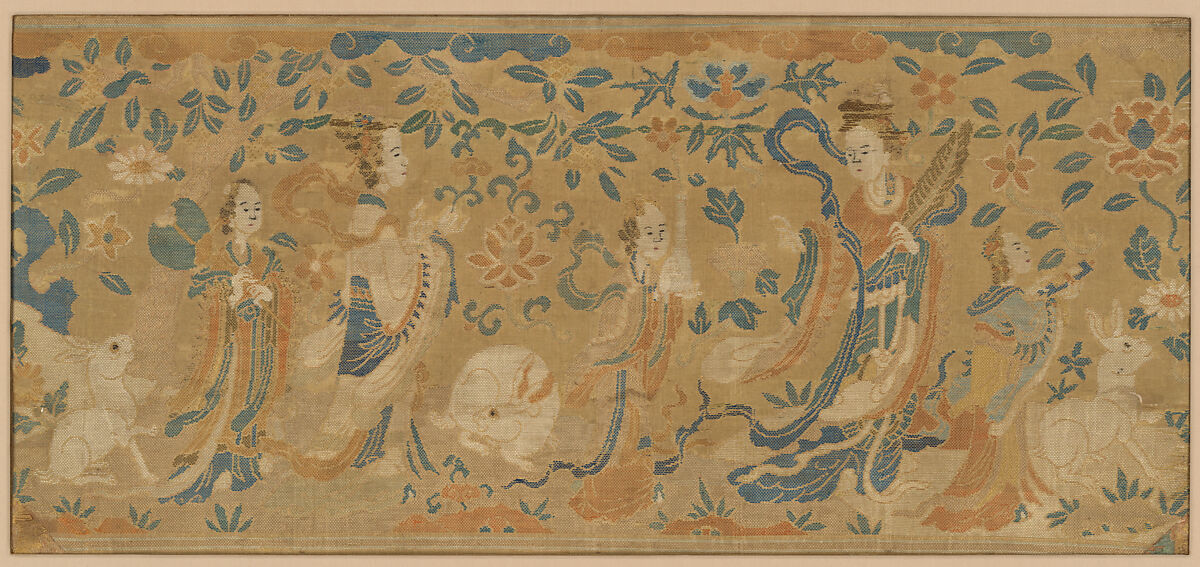 Panel with the moon goddess and attendants
, Plain-weave silk brocaded with silk and metallic thread, China