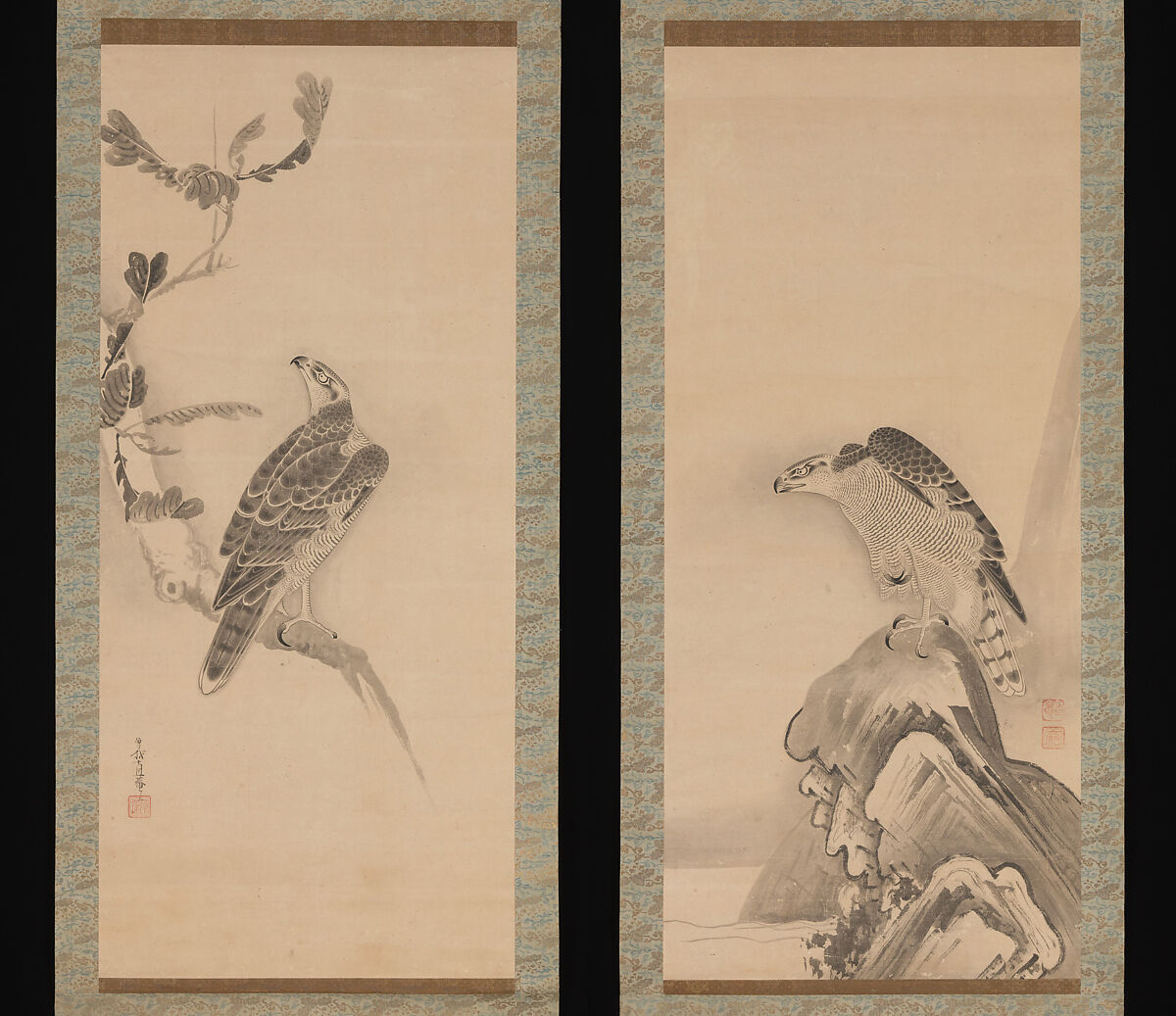Hawks, Soga Nichokuan, Pair of hanging scrolls; ink on paper, Japan