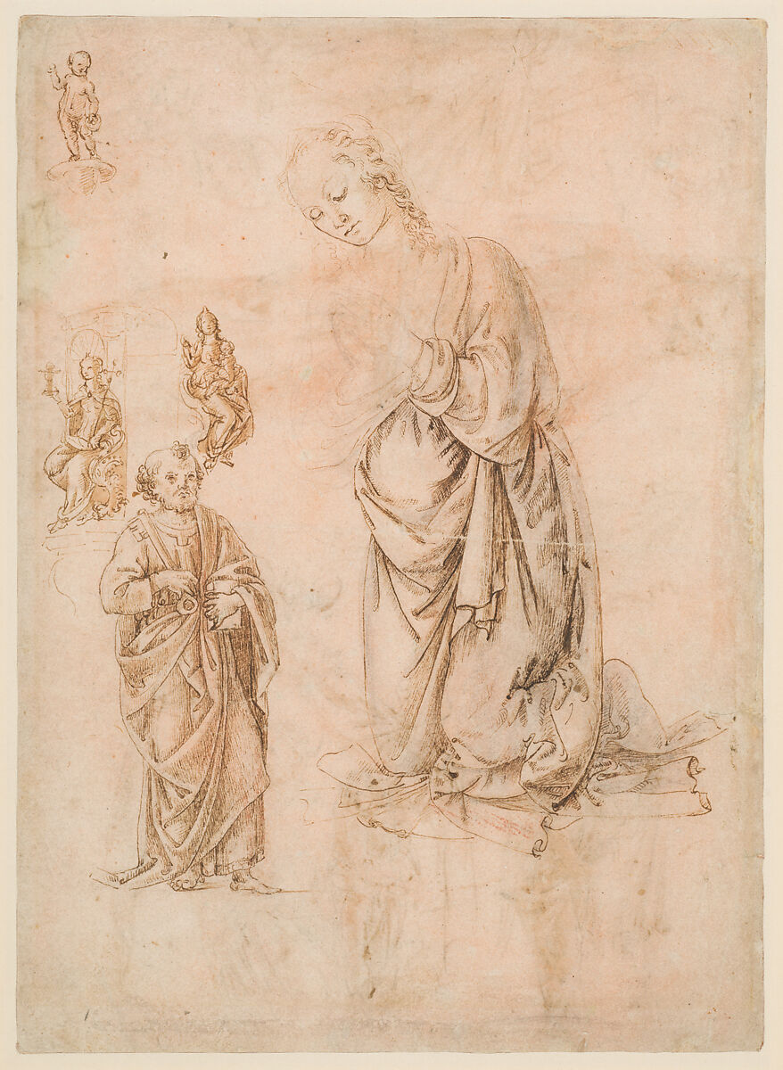 Sketches of Figures of the Virgin Kneeling, Saint Peter Standing, Seated Allegorical Figures of Faith and Charity, and Child Standing on a Corbel (?) (recto); Sketches of Figures of Saint Sebastian Standing and the Virgin and Child with Angels (verso), Francesco di Simone Ferrucci, Pen and brown ink, over leadpoint or black chalk, on rose-washed paper