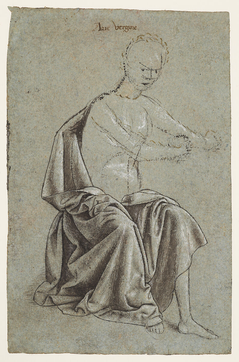 Study of a Seated Mannequin with an Arrangement of Drapery, for a Figure of the Virgin, Anonymous, North-Italian, probably Lombard, 15th century, Pen with two colors of brown ink and wash (warm brown and grayish), highlighted with white gouache, over grayish black chalk, on gray-blue paper