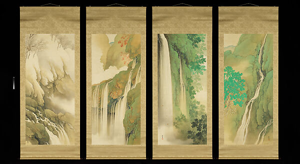 Four Perfect Views of Waterfalls, Tanaka Raishō, Set of four hanging scrolls; ink and color on silk, Japan