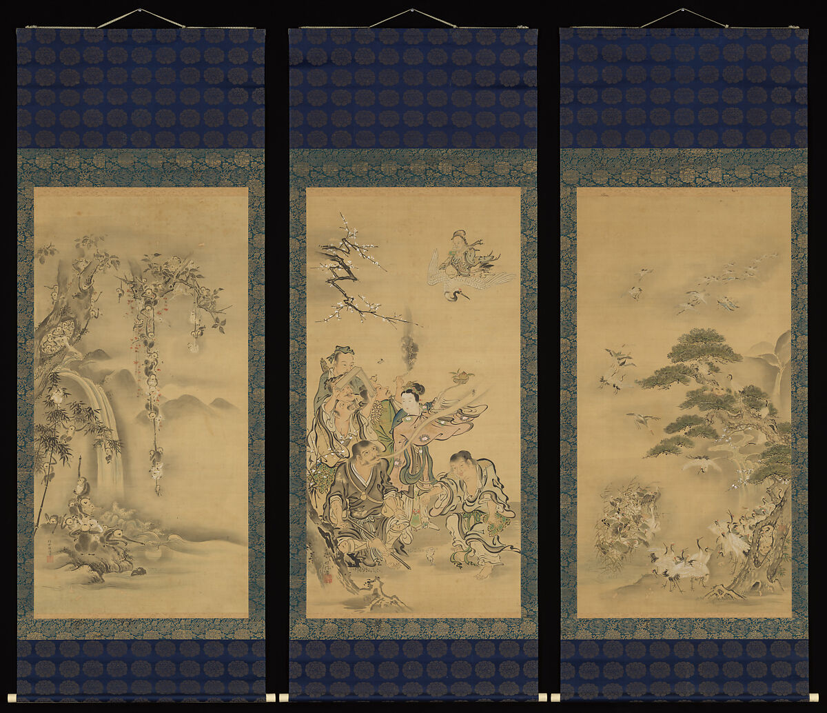 Eight Daoist Immortals, Cranes, and Gibbons, Kano Tanshin (Morimasa), Triptych of hanging scrolls; ink and color on silk, Japan