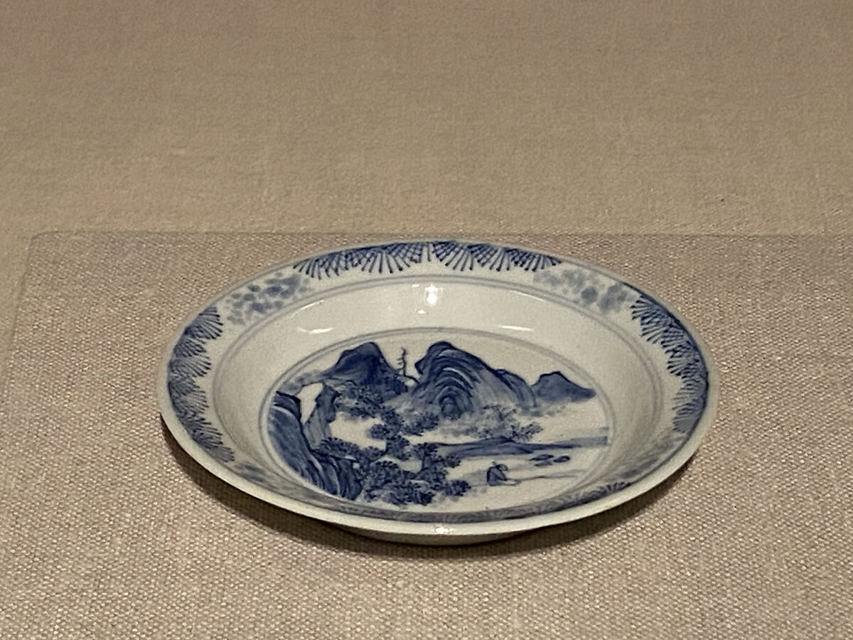 Saucer with landscape, Porcelain painted in underglaze cobalt blue (Jingdezhen ware), China