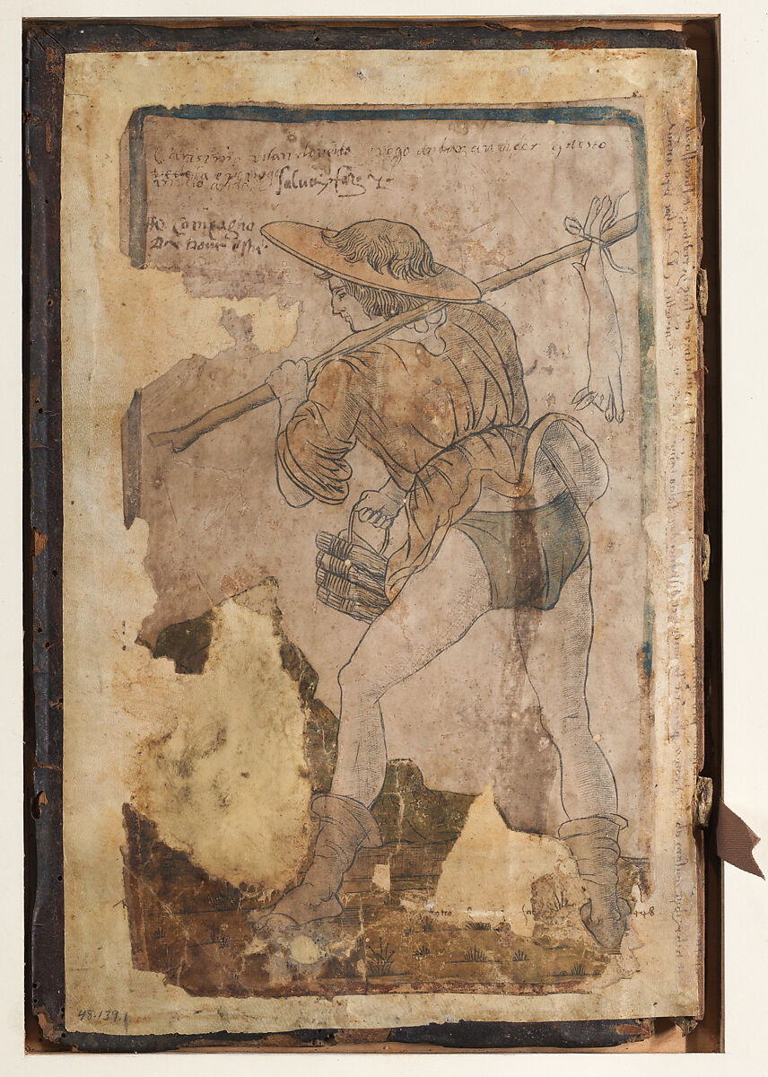 A peasant going to the market, Anonymous, Italian, 15th century, Engraving with hand colouring and manuscript additions throughout, pasted to the inside cover of a medical book
