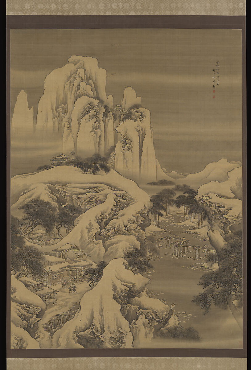Inn and Travelers in Snowy Mountains, Yuan Yao, Hanging scroll; ink and color on silk, China