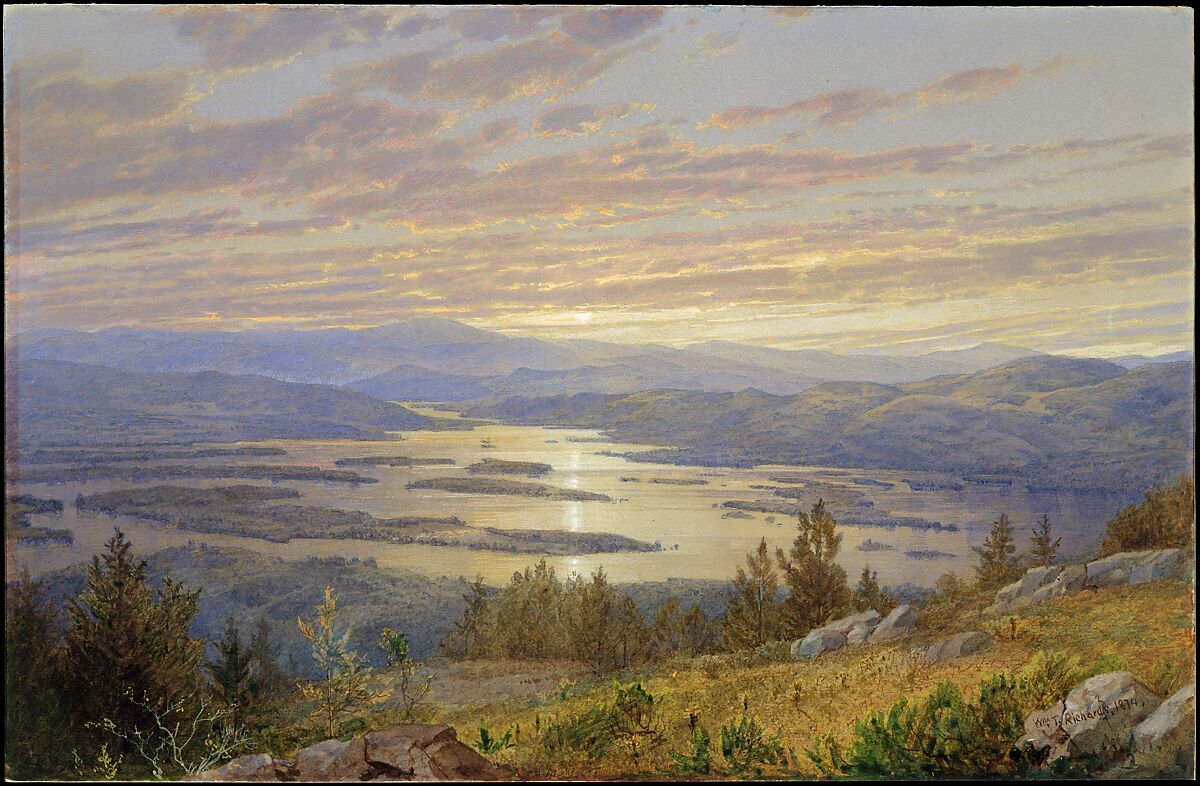Lake Squam from Red Hill, William Trost Richards, Watercolor, gouache, and graphite on light gray-green wove paper, American