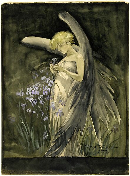Fairy in Irises, Dora Wheeler, Watercolor, gouache, and graphite on off-white thick wood pulp wove card, American