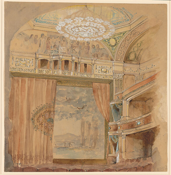 Design for Lyceum Theatre, New York, Louis C. Tiffany, Watercolor, pen and gold-colored bronze metallic ink, brown and black India ink, and graphite on tan-colored wove paper, American