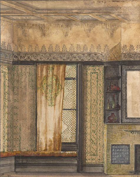 Aesthetic room interior with window and fireplace, Louis C. Tiffany, Watercolor, metallic silver ink, pen and black ink, and graphite on wove paper, American