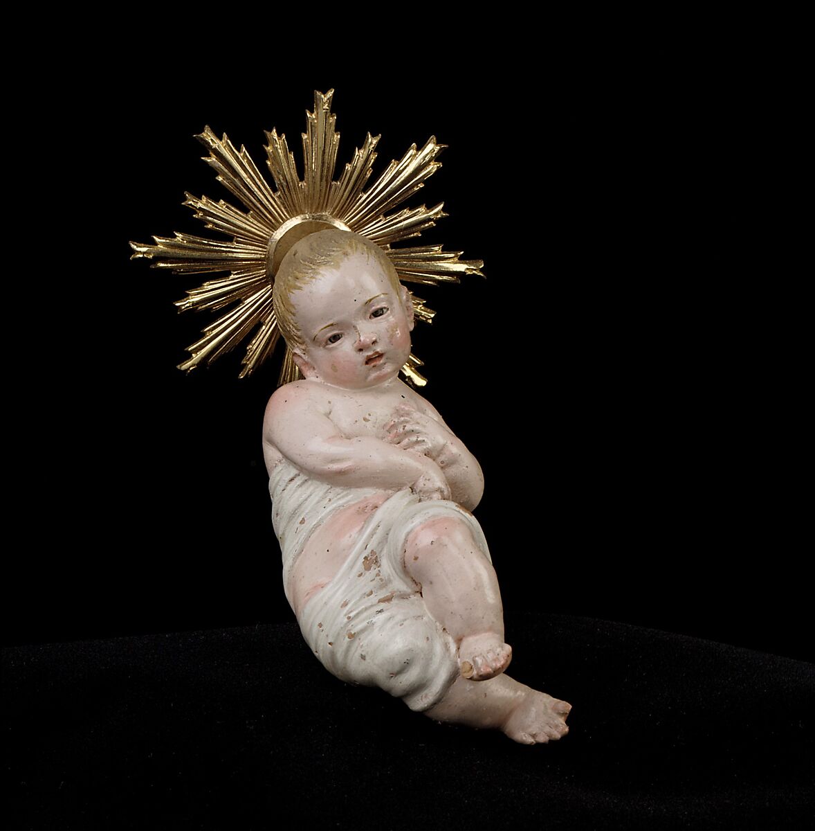 Infant Jesus, Giuseppe Sanmartino, Polychromed terracotta, charred wood and rope, silver-gilt halo