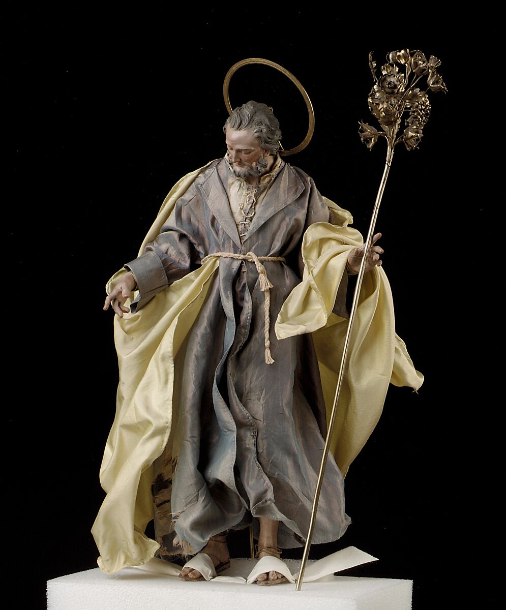 St. Joseph, Salvatore di Franco, Polychromed terracotta head and wooden limbs; body of wire wrapped in tow; various fabrics; silver-gilt halo and staff