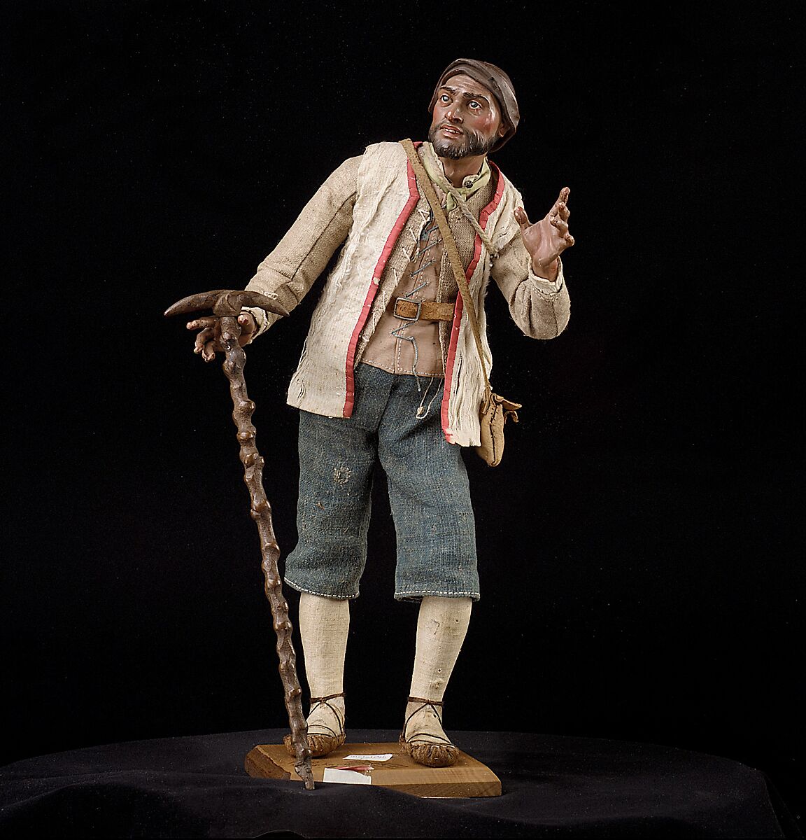 Man with staff and brace of birds, Polychromed wood and terracotta; cloth, straw, leather and metal