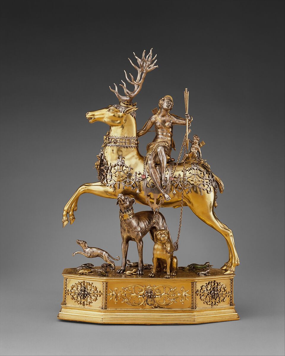 Diana and the Stag, Joachim Friess, Partially gilded silver, enamel, jewels (case); iron, wood (movement)