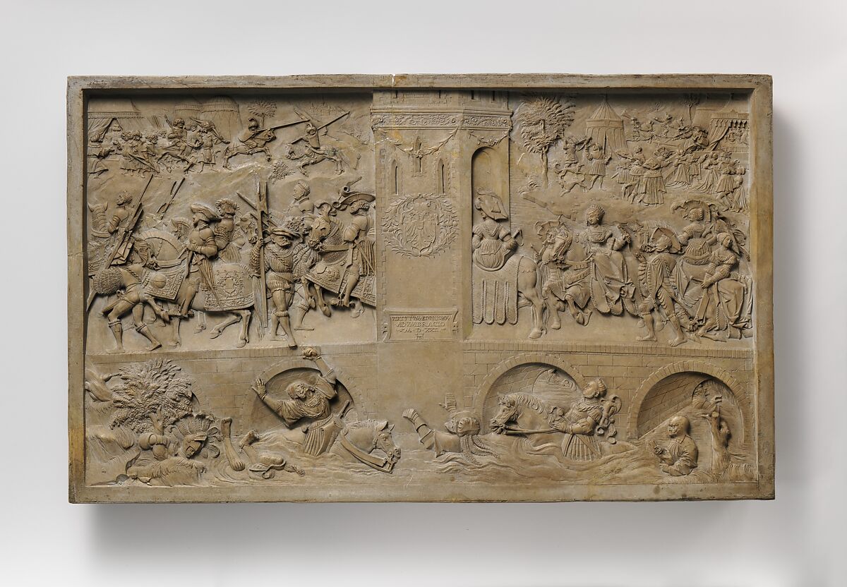 Allegory of Virtues and Vices at the Court of Charles V, Hans Daucher, Honestone (Jurassic limestone), traces of gilding
