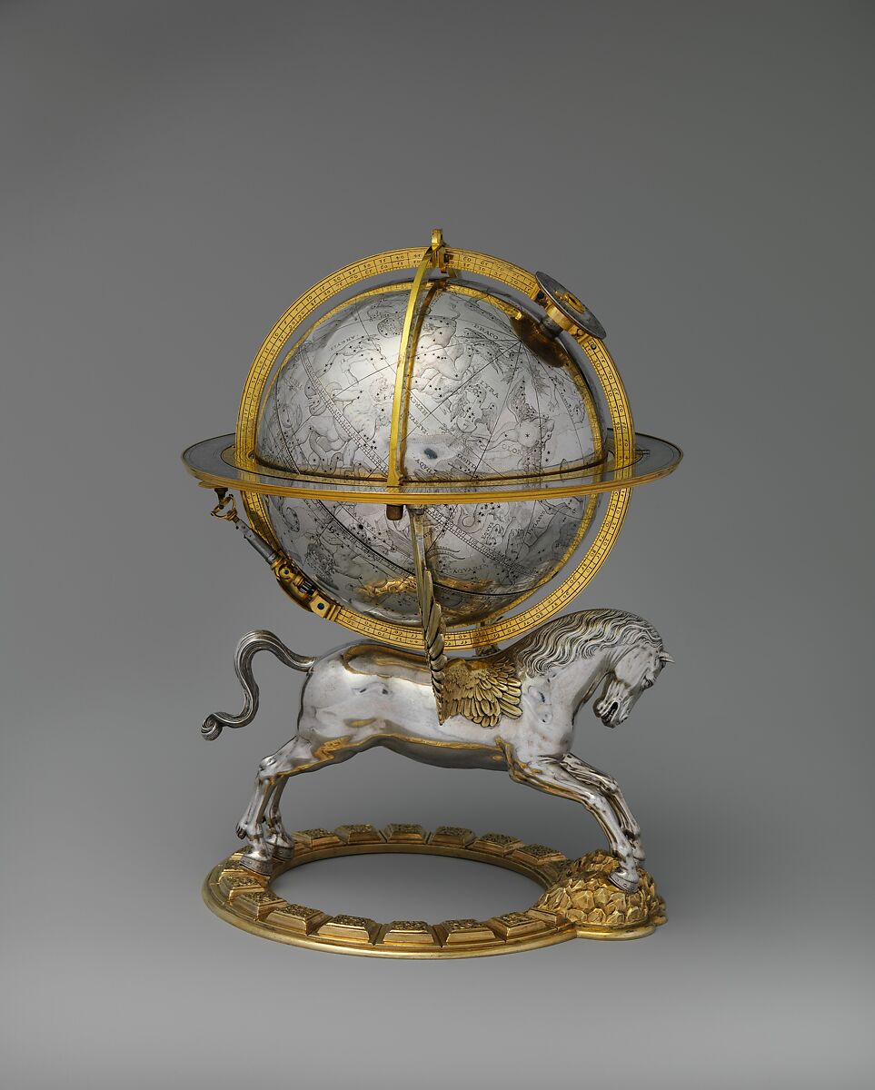 Celestial globe with clockwork, Gerhard Emmoser, Case: partially gilded silver, gilded brass; movement: brass, steel