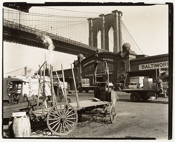 Brooklyn Bridge, With Pier 21, Pennsylvania R.R., Berenice Abbott, Gelatin silver print