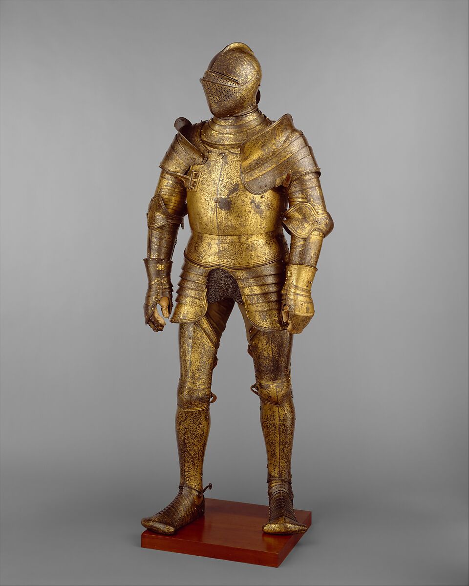 Armor Garniture, Probably of King Henry VIII of England (reigned 1509–47), Hans Holbein the Younger, Steel, gold, leather, copper alloys, British, Greenwich