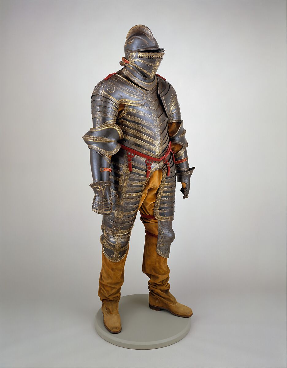 Field Armor of King Henry VIII 
of England (reigned 1509–47), Steel, gold, textile, 
leather, Italian, Milan or Brescia