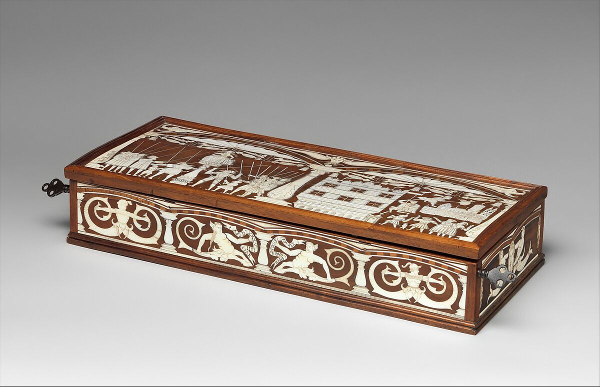 Box For Crossbow Bolts (<i>Bolzenkasten</i>), Probably Made for William IV, Duke of Bavaria (r. 1508–50), Hans Wagner the Elder, Wood (lid and front panel: fruitwood, possibly pear; bottom: walnut; inlay: possibly sycamore; later repairs: mahogany moldings and Indian rosewood veneers on sides), staghorn, iron, gold, paste, paper, German, Munich