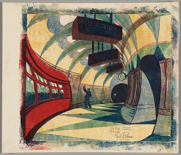 The Tube Station, Cyril E. Power, Color linoleum cut on Japanese paper