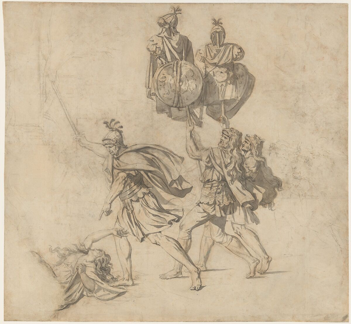 The Death of Camilla, Jacques Louis David, Black chalk, brush and gray wash