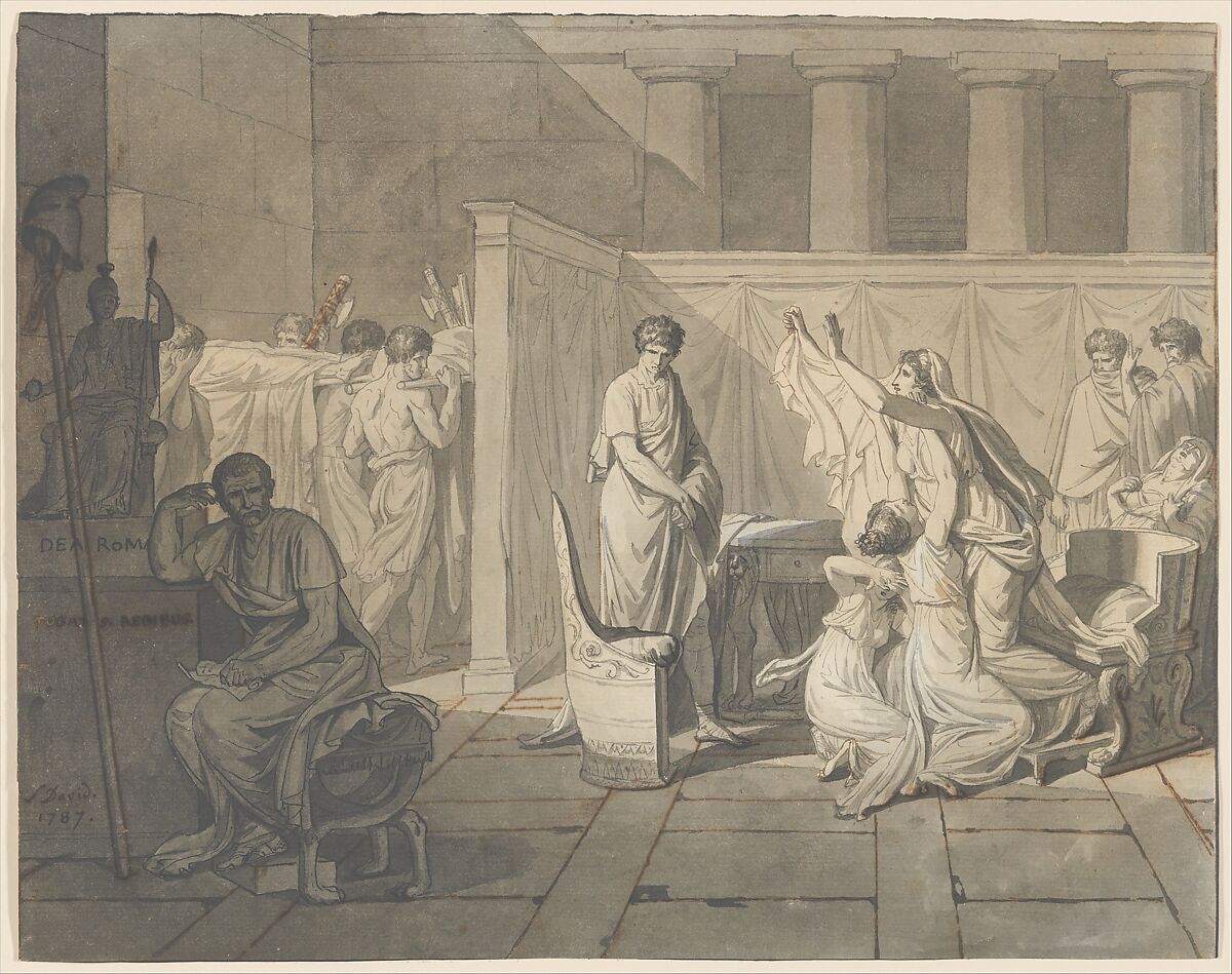 The Lictors Bringing Brutus the Bodies of his Sons, Jacques Louis David, Black chalk, pen and black and brown ink, brush and gray and brown wash, heightened with white gouache