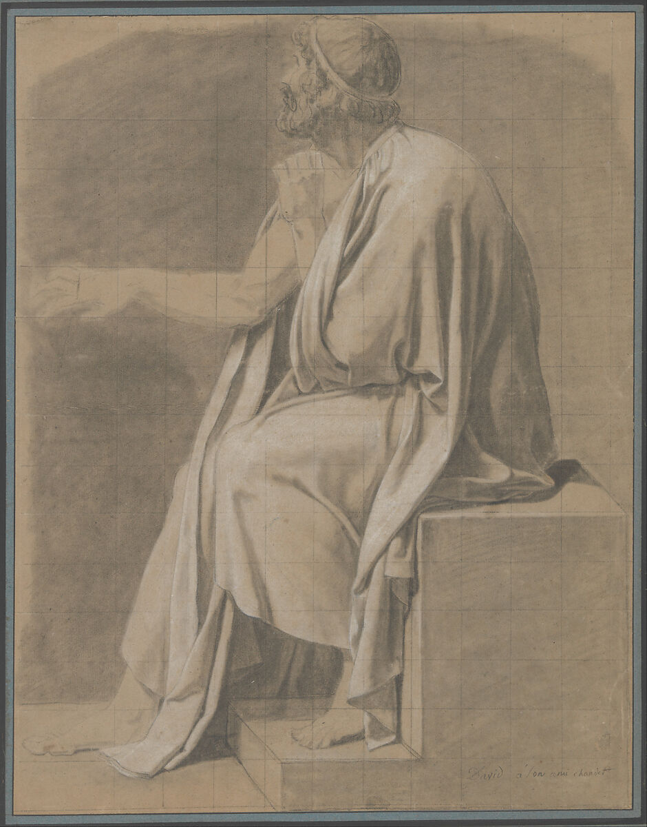 Crito, Jacques Louis David, Black chalk, stumped, heightened with white chalk, squared in black chalk
