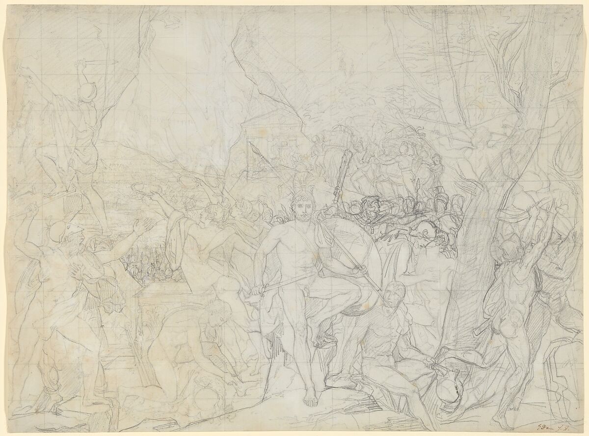 Leonidas at Thermopylae, Jacques Louis David, Black chalk; squared in black chalk