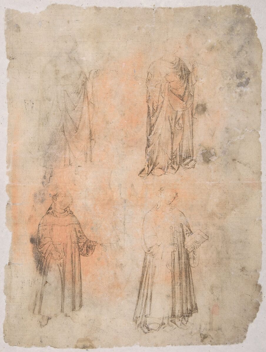 Four Saints (recto); Two Saints, Seated Madonna, and Kneeling Figure (verso), Anonymous, Italian, probably Umbrian, 14th century, Pen and brown ink, highlighted with white gouache
