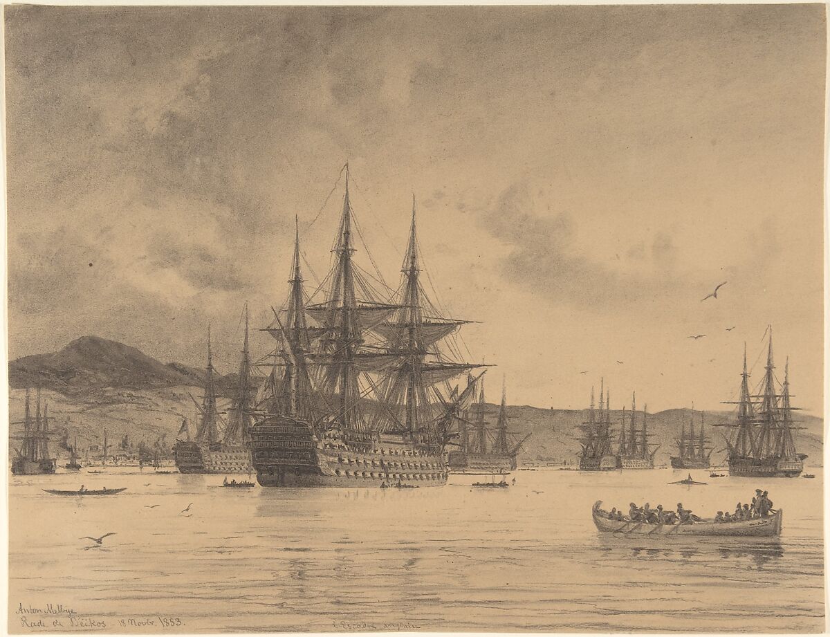 The English Fleet Anchored at the Town of Beykoz, North of Istanbul, Anton Melbye, Graphite and charcoal