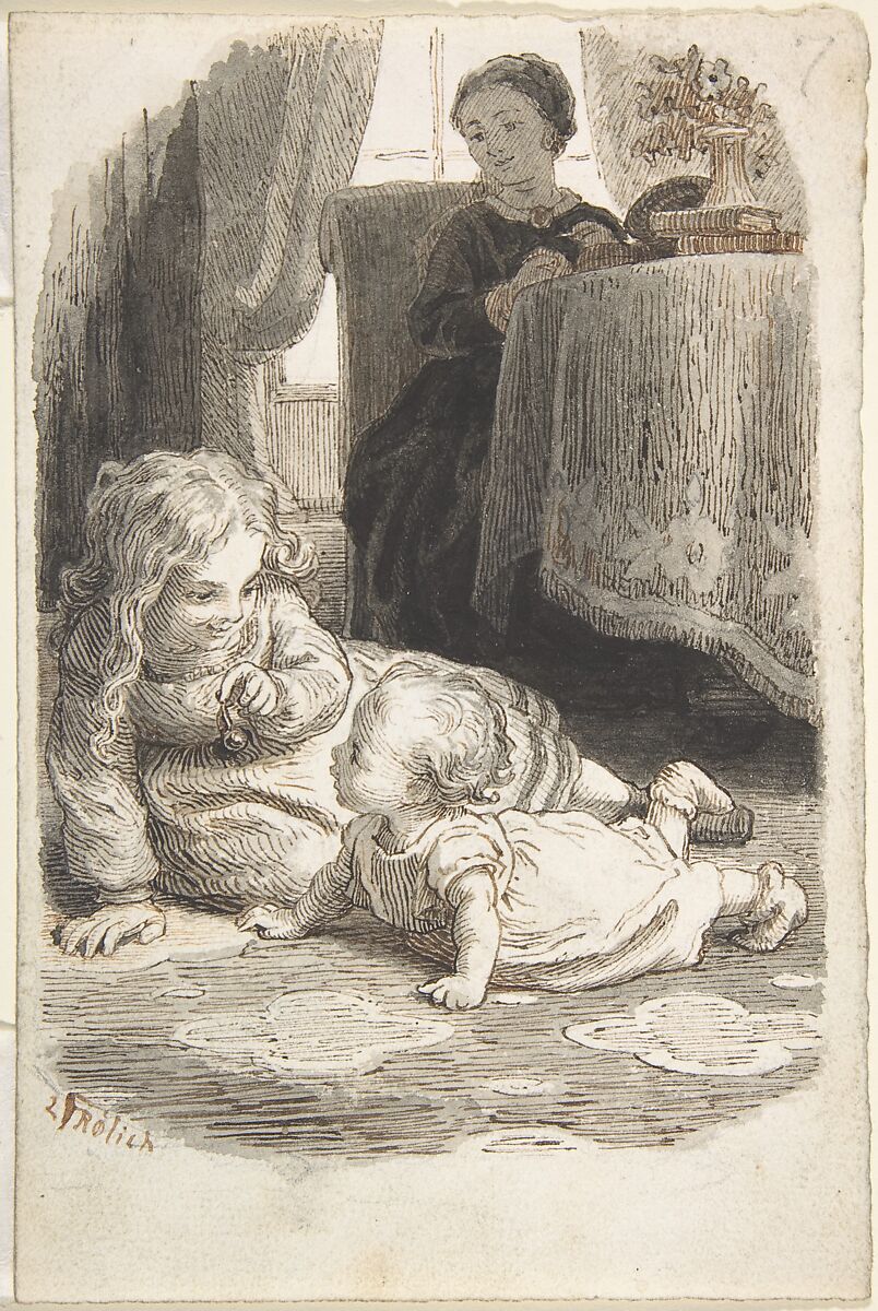 Mother Watching Over Two Young Children Playing (recto); Baby in a Bassinet (verso), Lorenz Frølich, Pen and black and brown ink with brush and gray wash over graphite