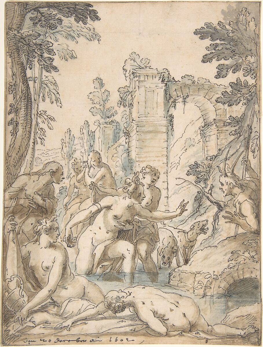 Diana and Actaeon, Georg Pecham, Pen and black ink and brown and blue wash over traces of black chalk