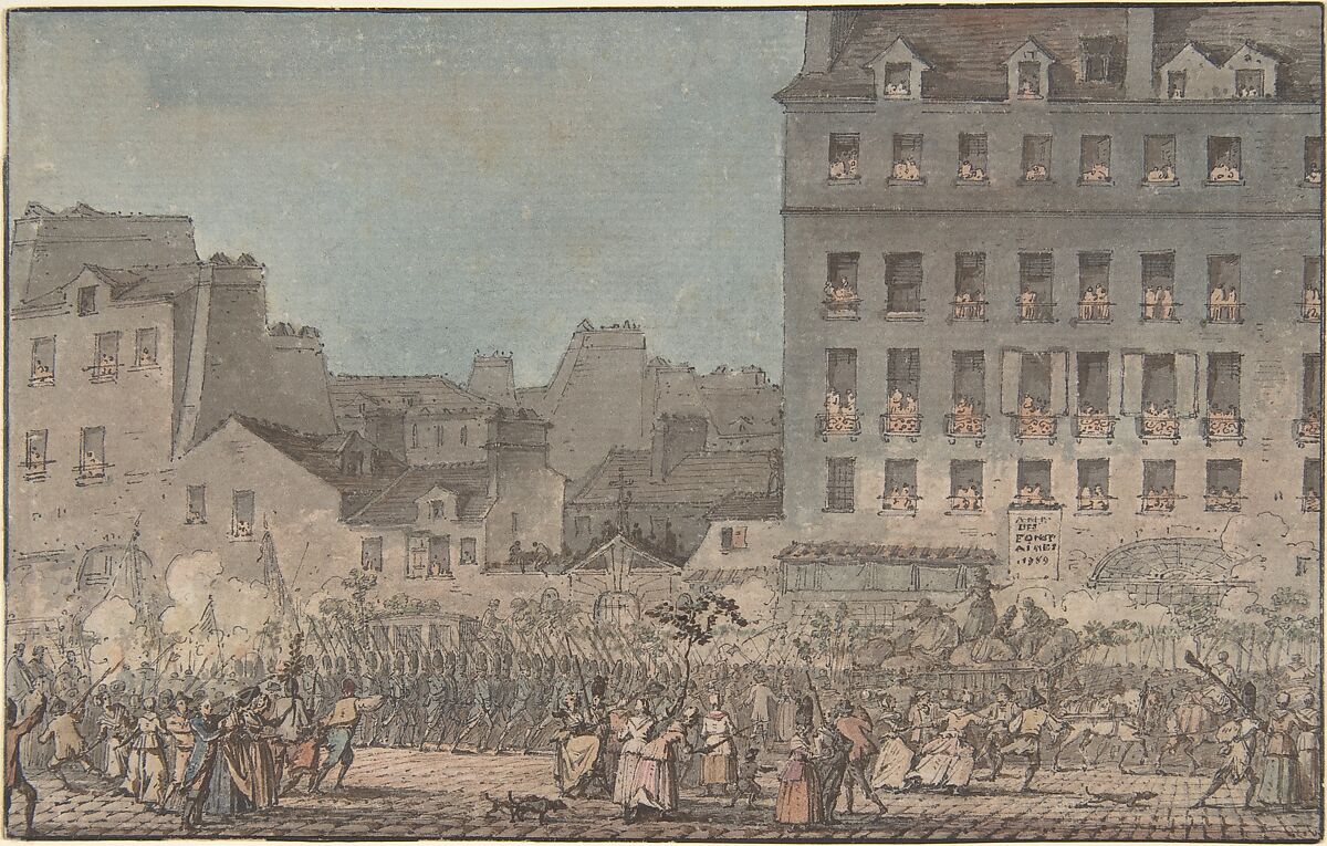 Louis XVI Entering Paris, October 6, 1789, Jacques François Joseph Swebach, Pen and black ink, brush and gray wash, watercolor and gouache, over graphite