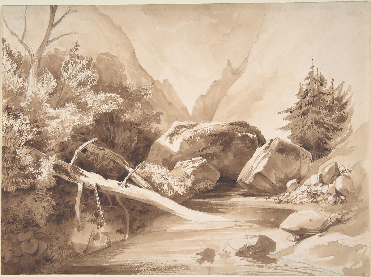 Mountainous Landscape with a Brook, Franz Kobell, Brush and brown ink and wash over graphite