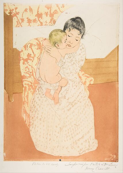 Maternal Caress, Mary Cassatt, Drypoint, aquatint and softground etching, printed in color from three plates; sixth state of six (Mathews & Shapiro)