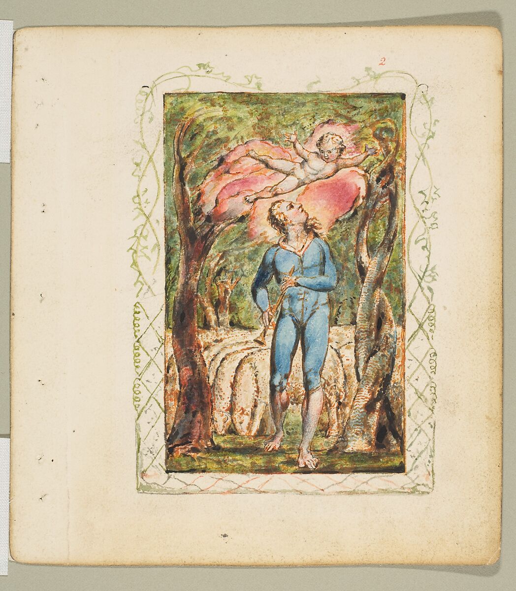 Songs of Innocence: Frontispiece, William Blake, Relief etching printed in orange-brown ink and hand-colored with watercolor and shell gold