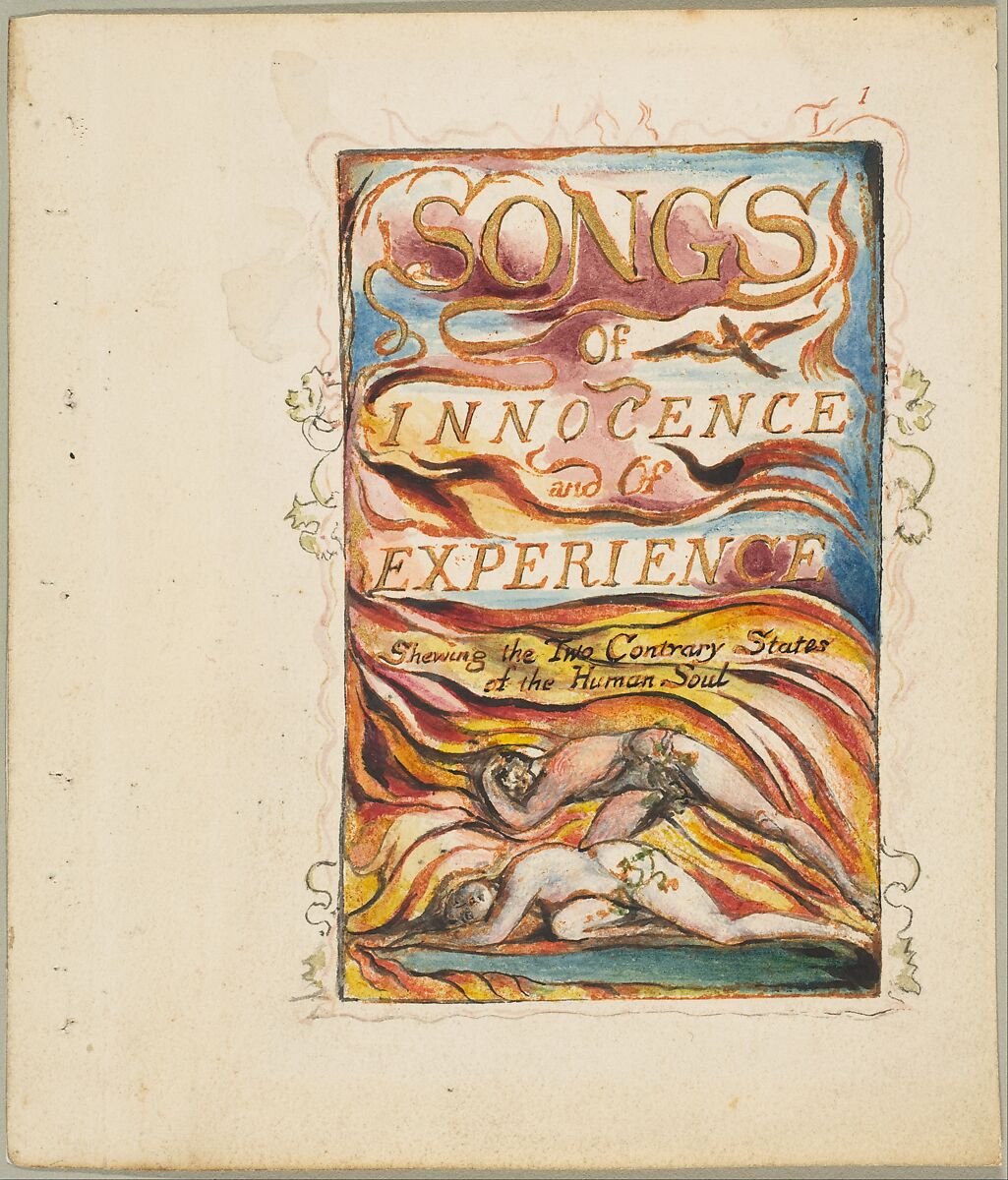 Songs of Innocence and of Experience, Shewing the Two Contrary States of the Human Soul: Combined Title-page, William Blake, Relief etching printed in orange-brown ink and hand-colored with watercolor and shell gold