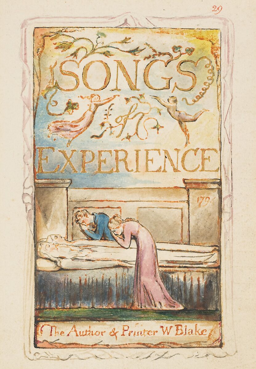 Songs of Experience: Title-page, William Blake, Relief etching printed in orange-brown ink and hand-colored with watercolor and shell gold