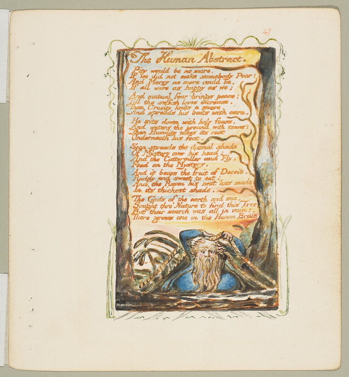 Songs of Experience: The Human Abstract, William Blake, Relief etching printed in orange-brown ink and hand-colored with watercolor and shell gold