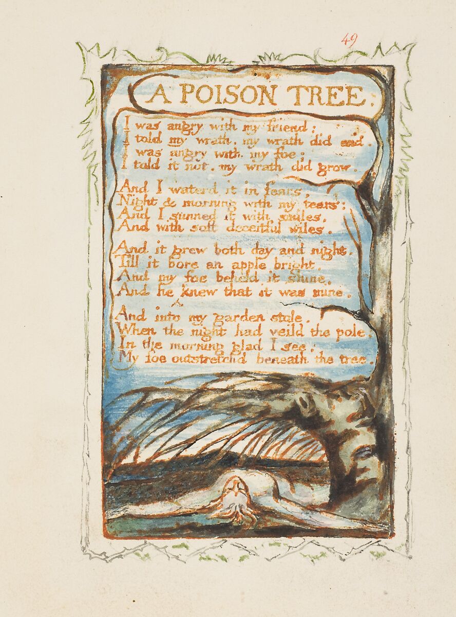Songs of Experience: A Poison Tree, William Blake, Relief etching printed in orange-brown ink and hand-colored with watercolor and shell gold