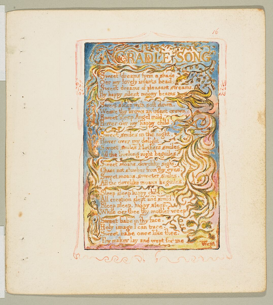 Songs of Innocence: A Cradle Song, William Blake, Relief etching printed in orange-brown ink and hand-colored with watercolor and shell gold