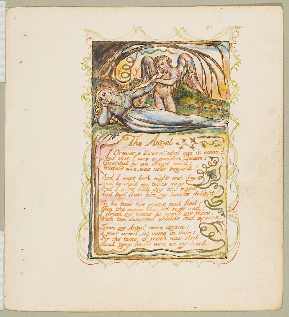 Songs of Experience: The Angel, William Blake, Relief etching printed in orange-brown ink and hand-colored with watercolor and shell gold