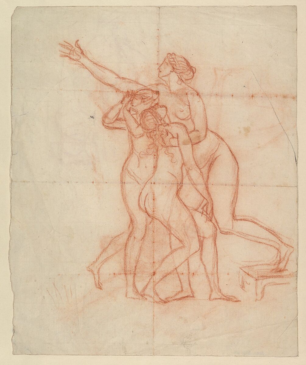 Study for the Wife and Daughters of Brutus (recto); Study of a Male Nude (verso), Jacques Louis David, Red chalk
